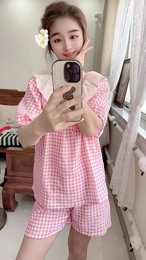 甜美格子圆领全棉双层纱布睡衣女款夏季短袖短裤纯棉家居服两件套