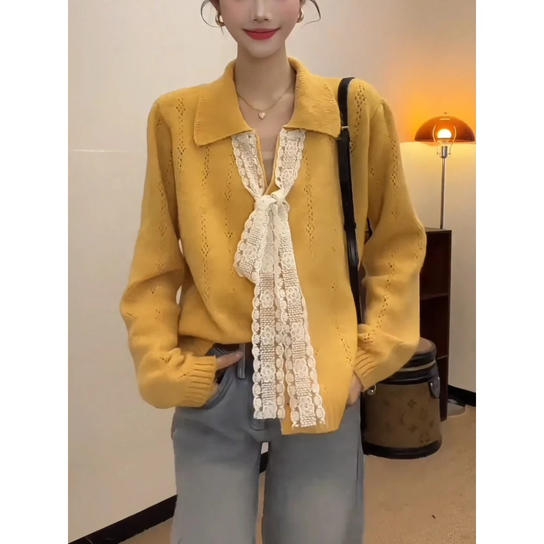 设计感可系飘带蝴蝶结V领镂空针织衫女秋季新款减龄显瘦开衫上衣