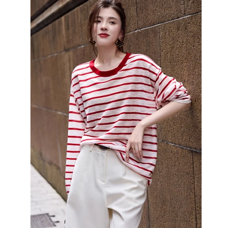 红色条纹薄款圆领长袖t恤女早秋冰丝防晒罩衫高级感宽松针织上衣