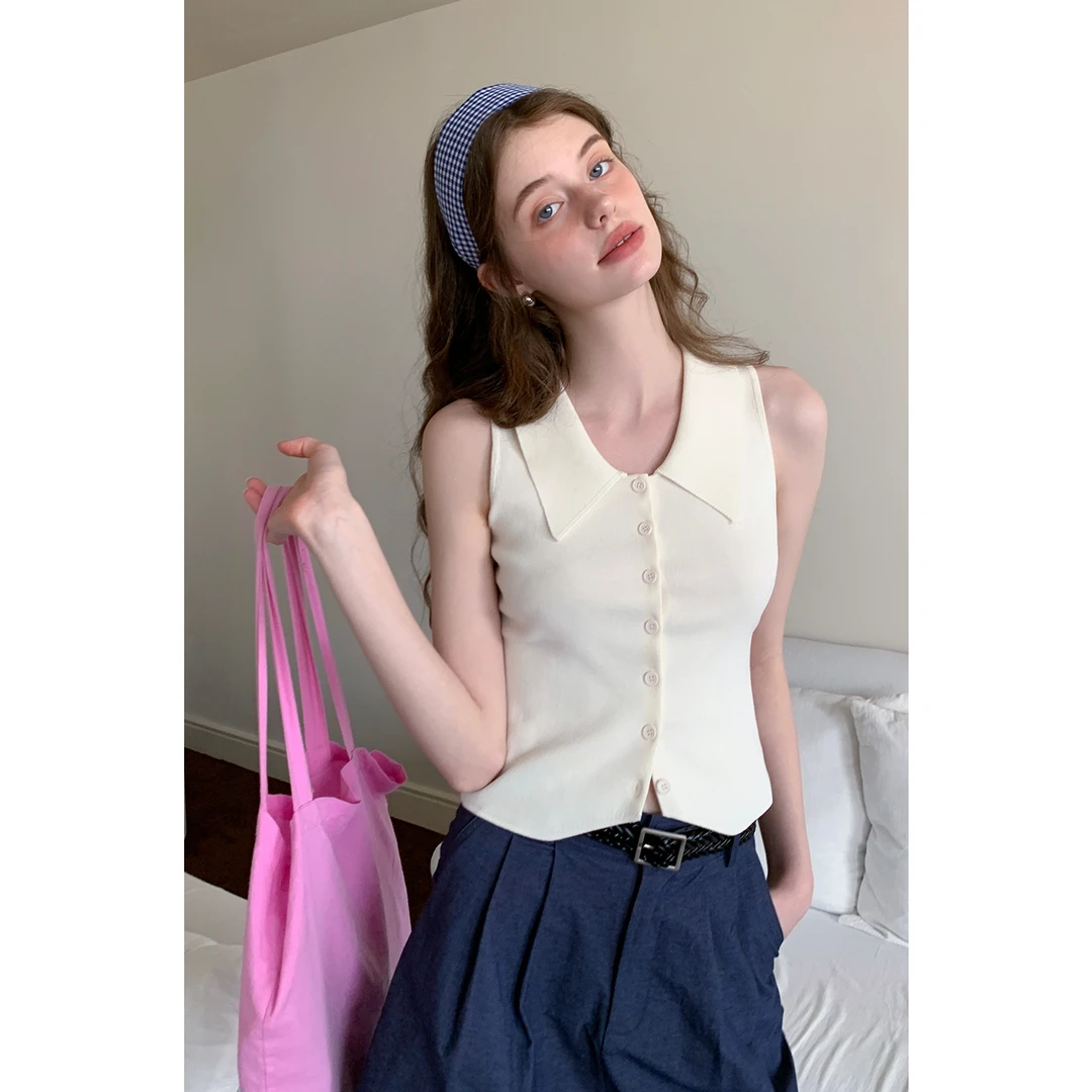 EGGKA 复古翻领无袖针织背心女夏修身气质显瘦短上衣 E25A5421AF