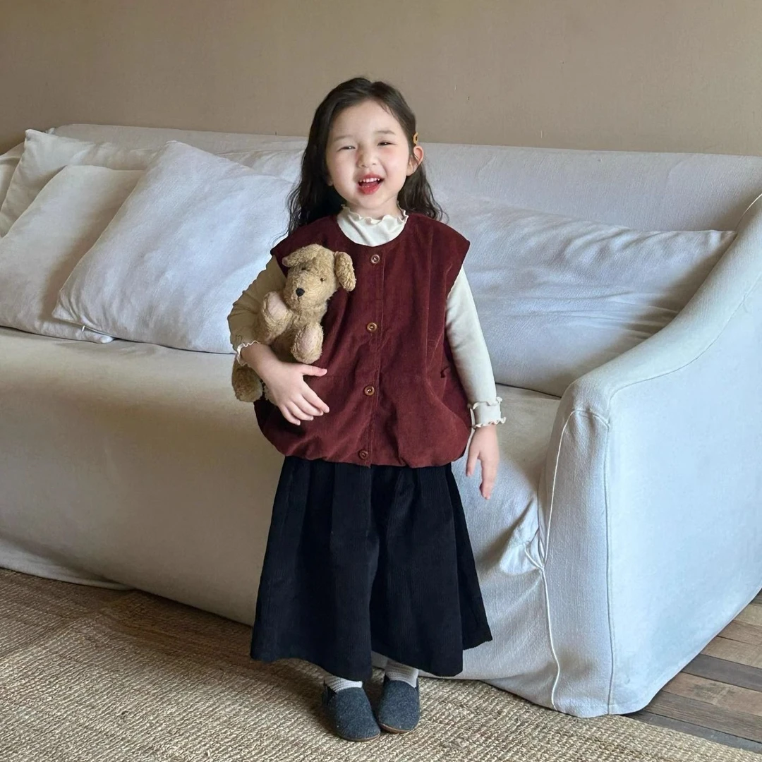 女童灯芯绒安哥拉红背心马甲2025春季新款韩版童装时髦幼儿园马甲