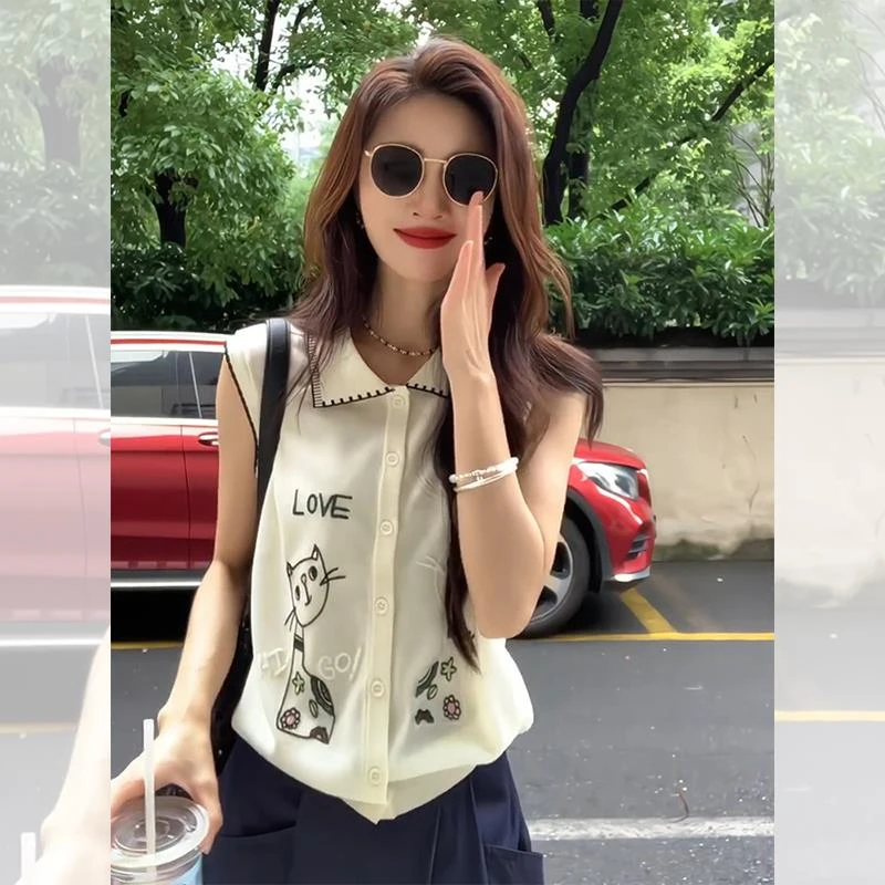 韩系Polo领白色提花针织短袖T恤女夏chic别致冰丝正肩小飞袖上衣