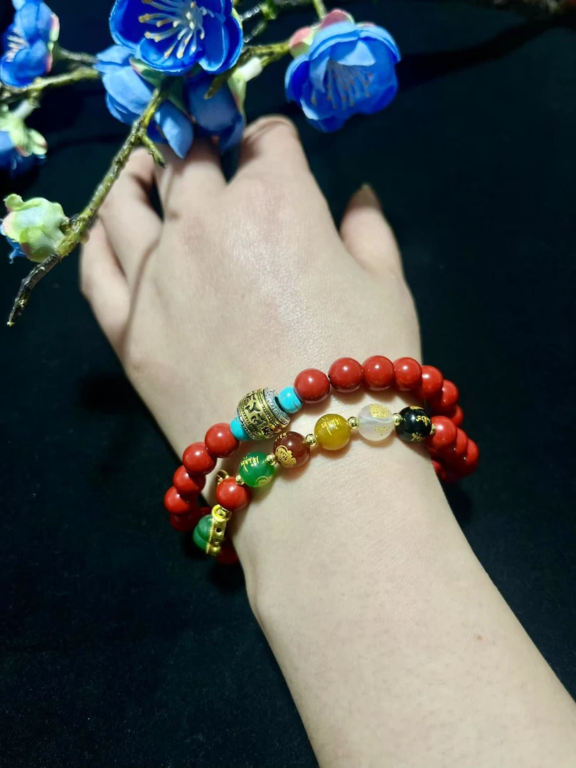 含辰砂工艺品高含量朱砂水飞砂设计款五路财神爆款双圈手串
