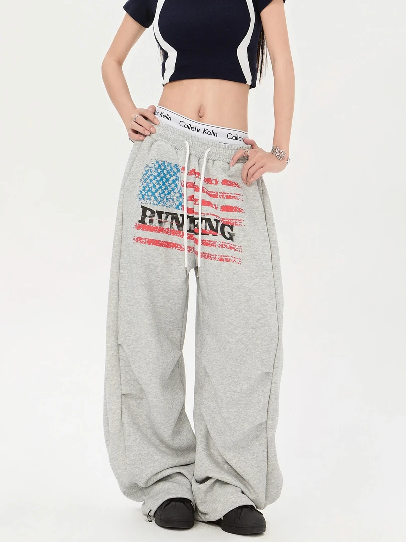 美式设计感复古字母印花运动卫裤女2025新款慵懒风潮流阔腿休闲裤