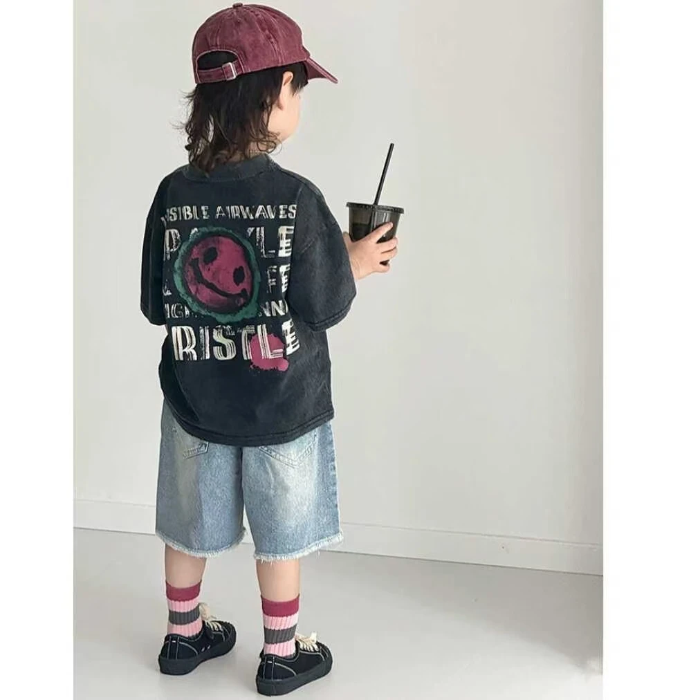 男童夏季趣味笑脸短袖T恤2025新款中小童宝宝夏装休闲打底衫儿童