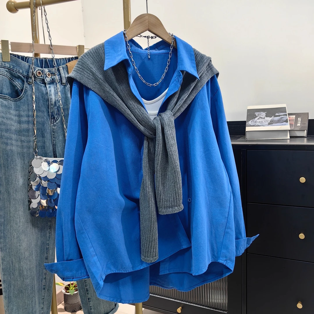 春秋季新品纯色宽松大码慵懒风衬衫女装+披肩两件套潮流百搭个性