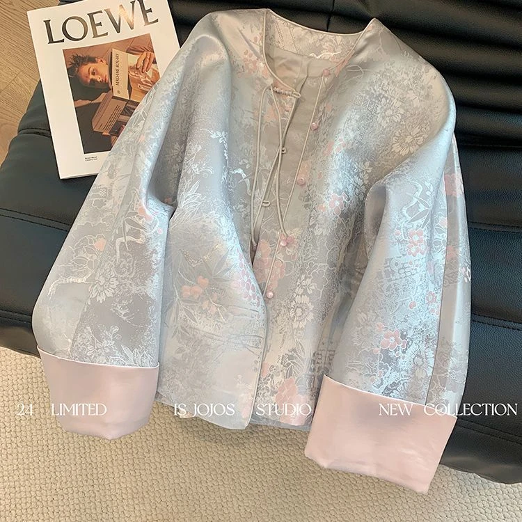 国风新中式袖口撞色改良提花外套女早春新款盘扣