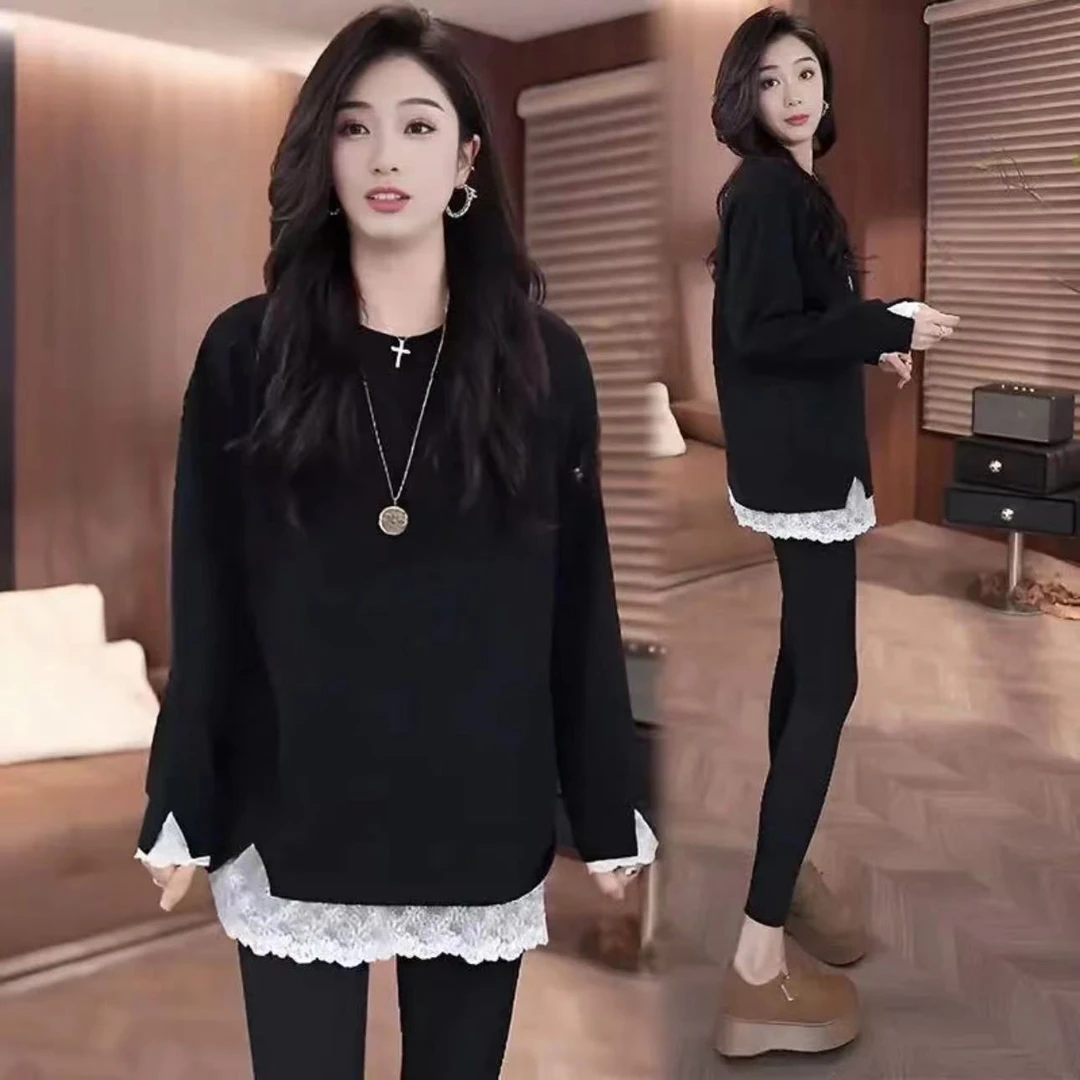 【蕾丝恋】新款假两件蕾丝拼接打底上衣女显瘦长袖百搭8296