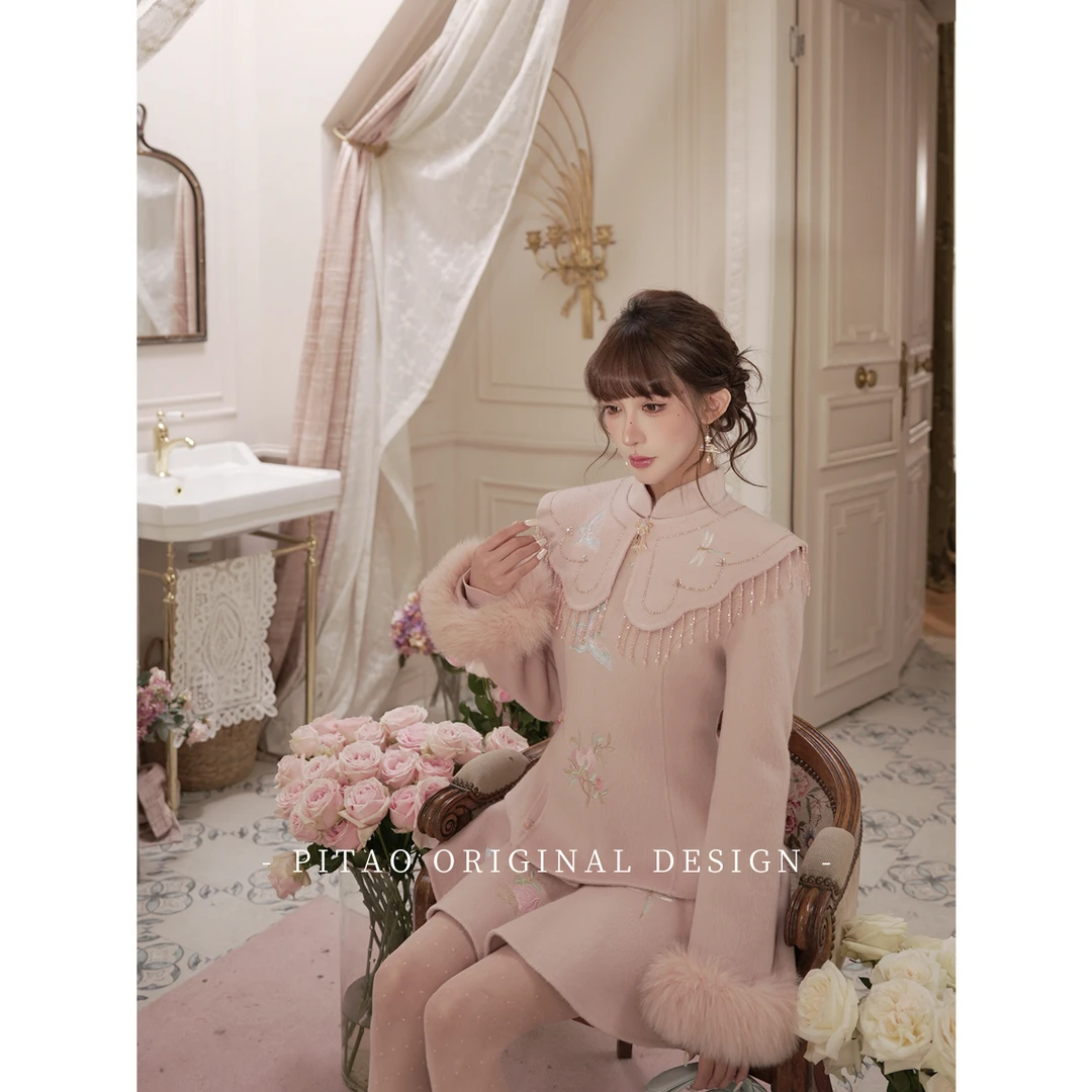 杜屁屁桃PITAO 原创【浮生记】新中式斜襟气质100绵羊毛大衣套装