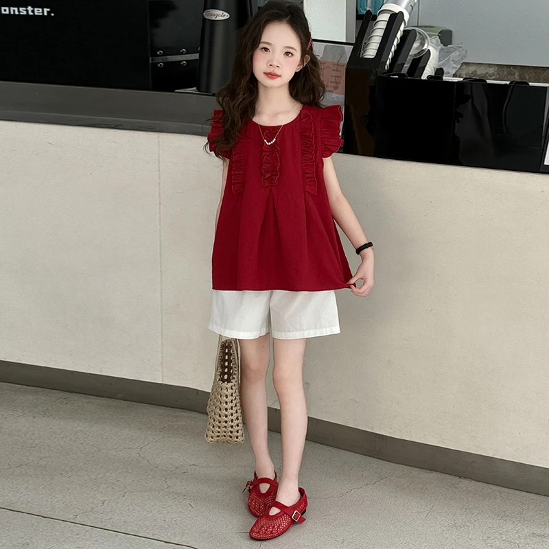 女童夏季套装2025新款6-12岁中大童女孩洋气娃娃衫短袖短裤两件套