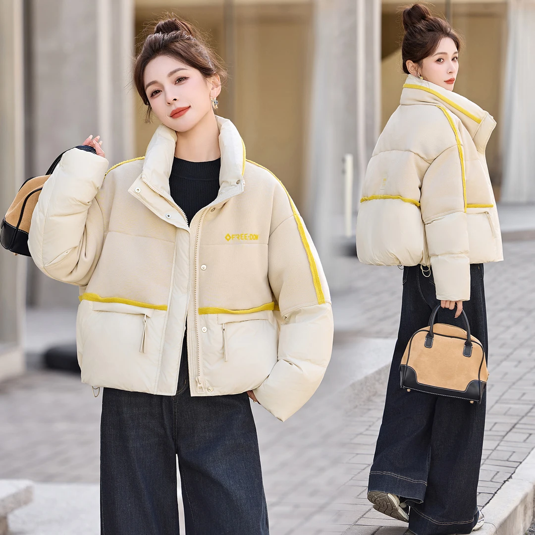 设计感针织拼接撞色羽绒服女2025冬季新款小个子白鸭绒面包服外套