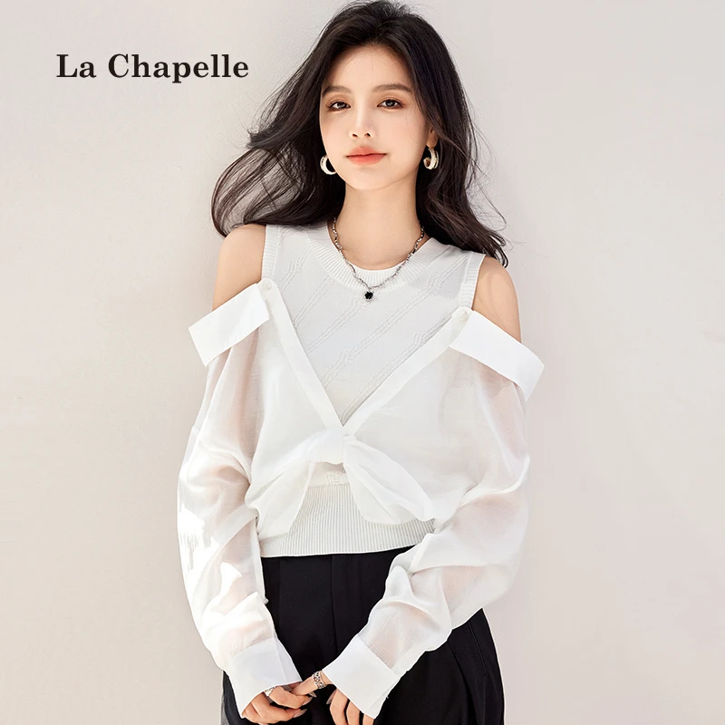拉夏贝尔气质2025春季新款时尚百搭设计感露肩拼接衬衫女甜美上衣