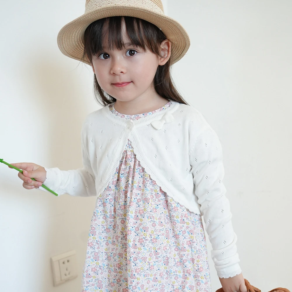 欧若风蝴蝶结中小童空调衫披肩夏薄儿童毛衣外套纯棉女童针织开衫