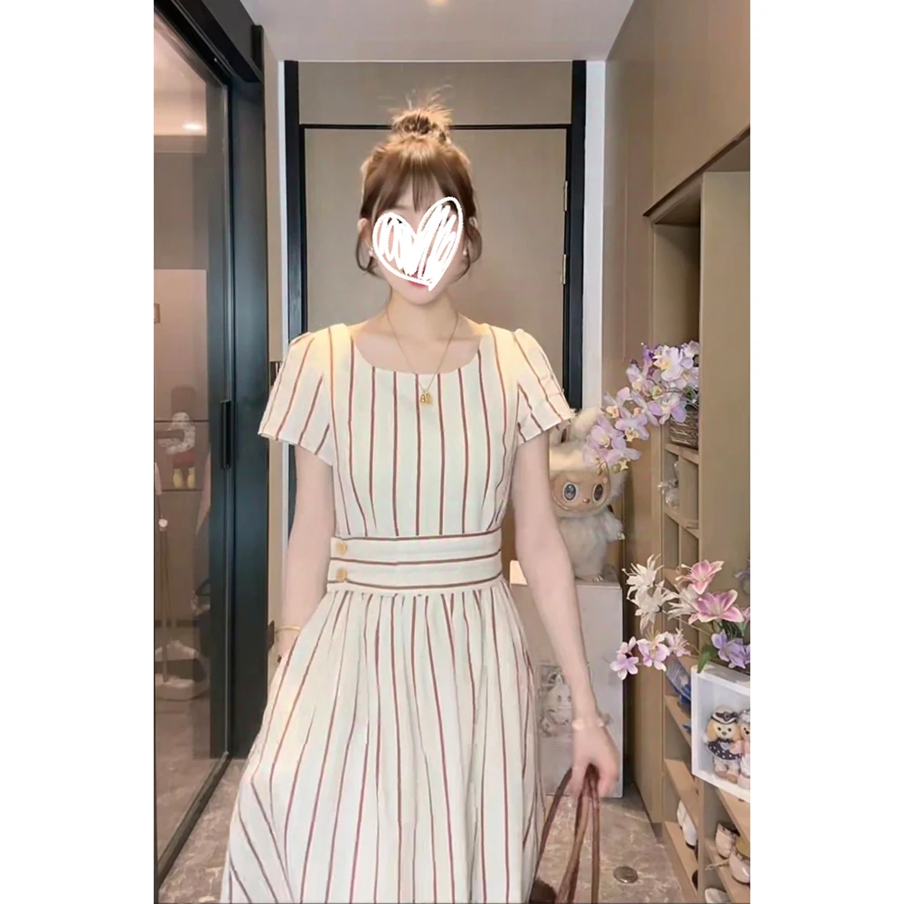 【奶芙芝士】法式圆领杏色条纹优雅气质连衣裙女复古小众收腰长短裙