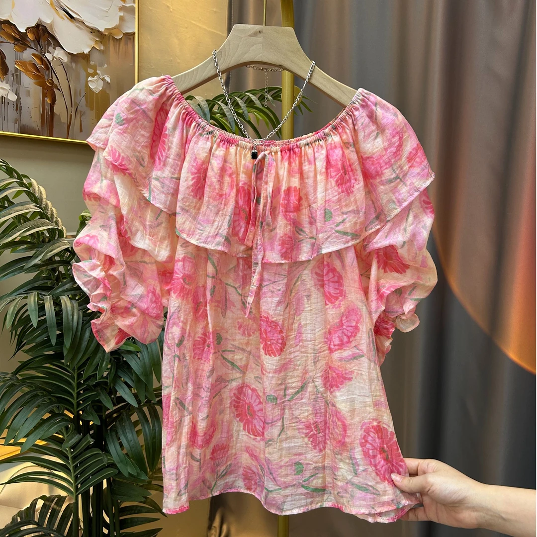 一字肩一字领荷叶边碎花法式系带短袖夏季衬衫泡泡袖显瘦气质宽松