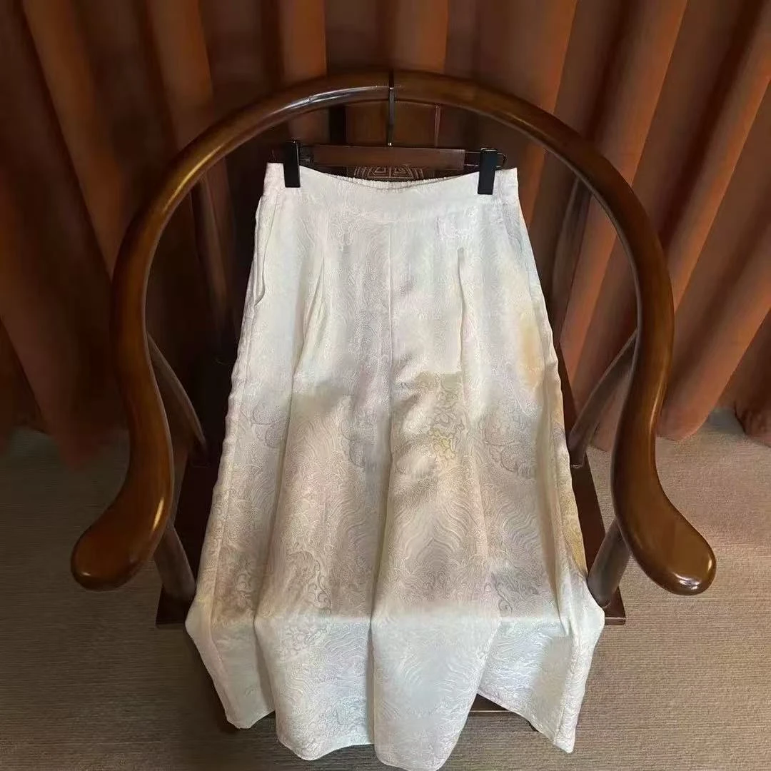 【宝相龙鳞纹】女士新中式白色提花中国风休闲裤阔腿