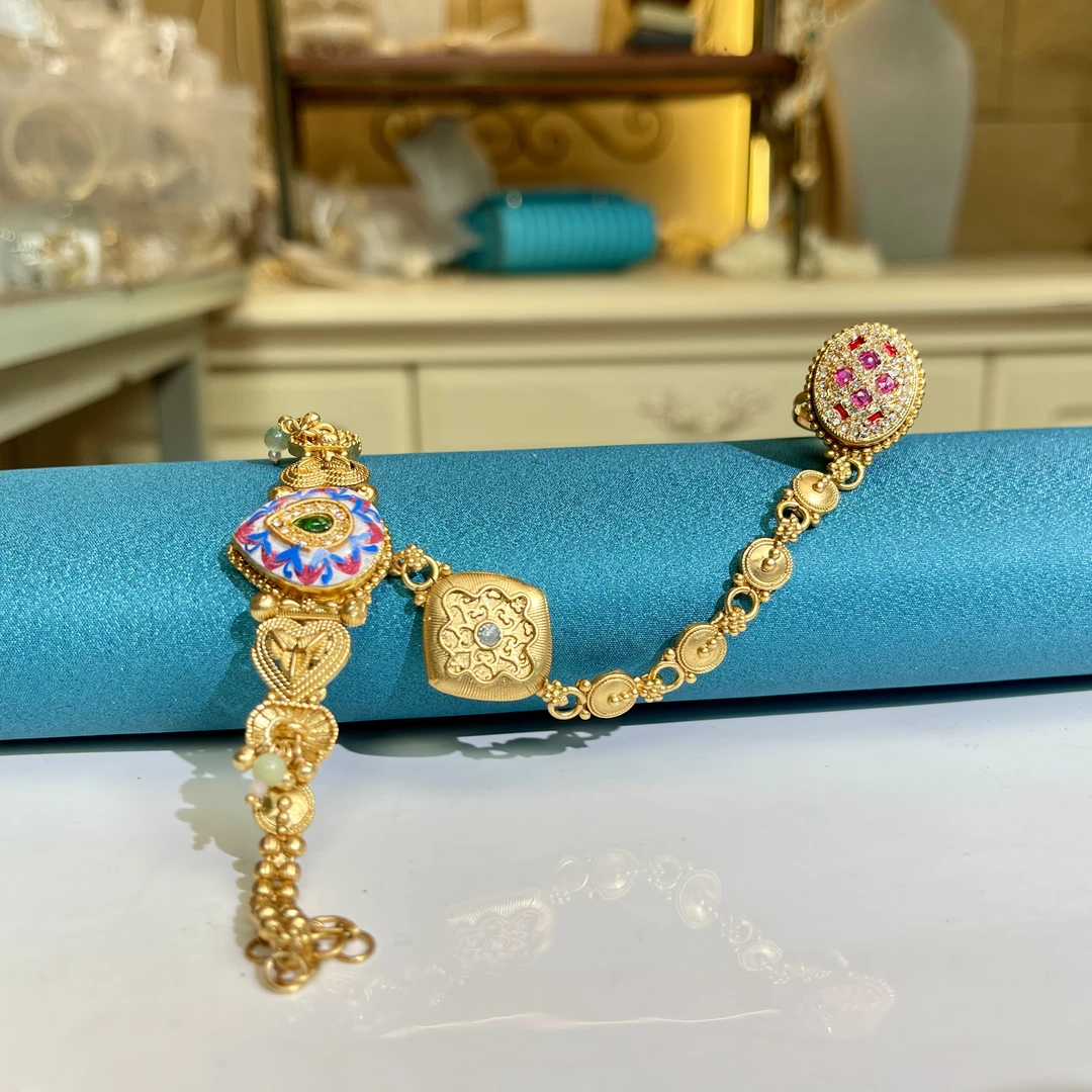 铜合金玻璃手链 【02785】印度印巴手指链手工轻奢复古金色镶嵌彩色