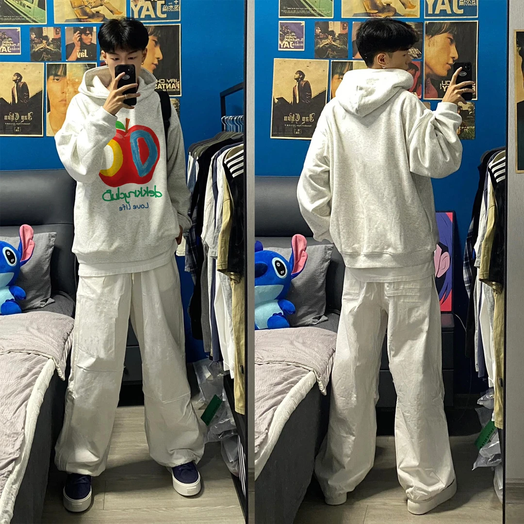 美式创意油画苹果字母印花宽松无口袋连帽卫衣男女秋冬季情侣上衣