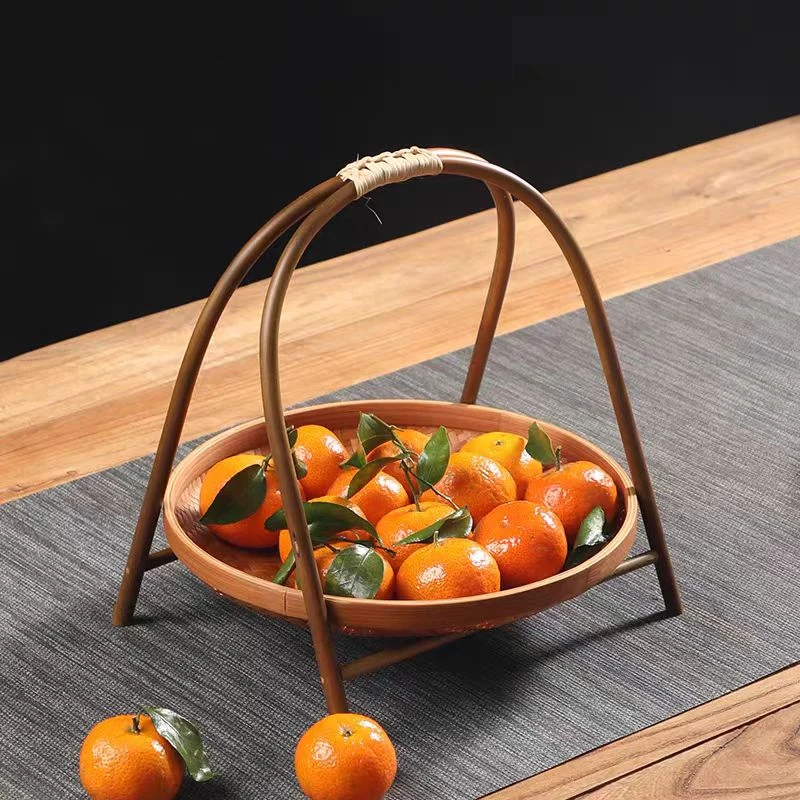 纯手工竹编仿古提篮家用圆形收纳筐糕点盘水果篮可拆卸中式竹篮子