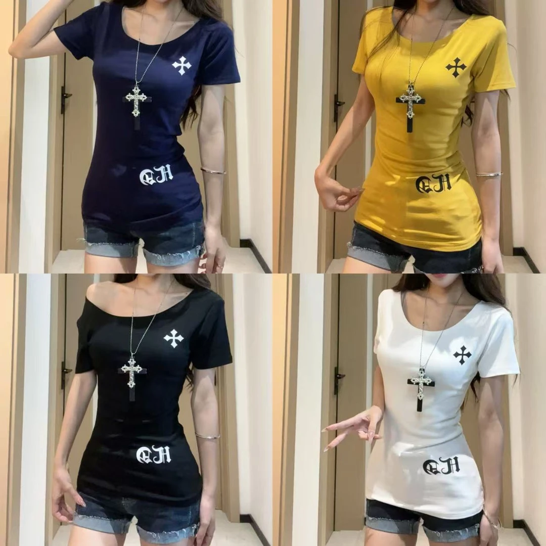 美式甜辣妹印花斜肩短袖t恤女夏季中长款设计感修身显瘦纯色上衣