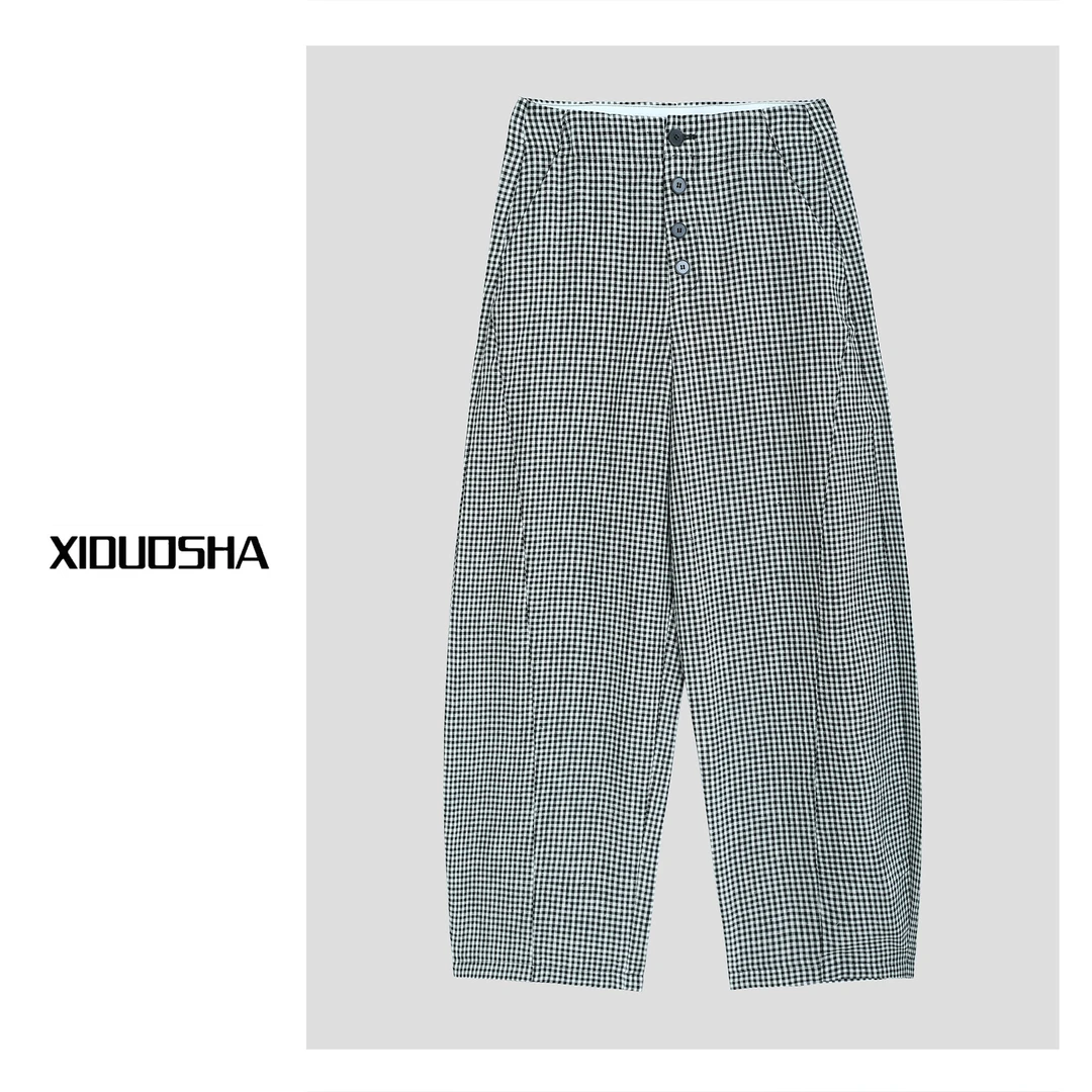 XIDUOSHA/喜朵莎 100%亚麻极简风宽松慵懒格子弯刀裤XDS1219