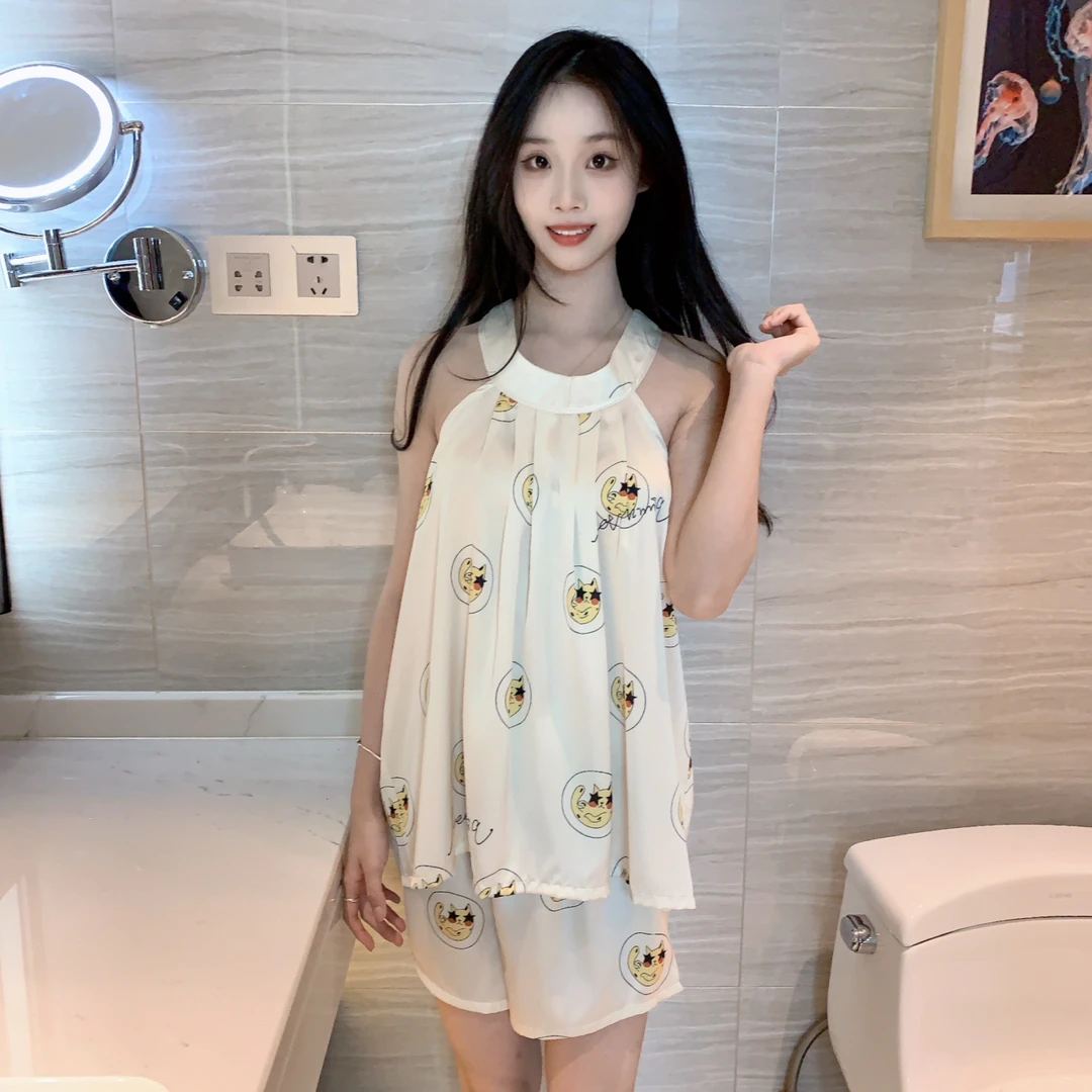 冰雪丝新款挂脖简约甜美夏季薄款活泼女上衣短裤套装可外穿家居服