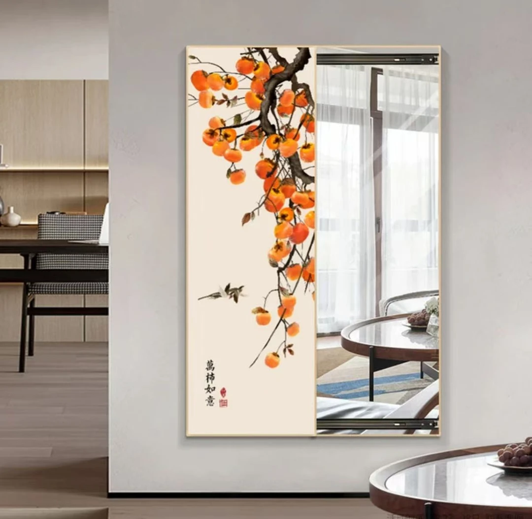 新中式可关闭穿衣镜推拉全身镜装饰画暗藏隐形试衣遮挡镜子50*140