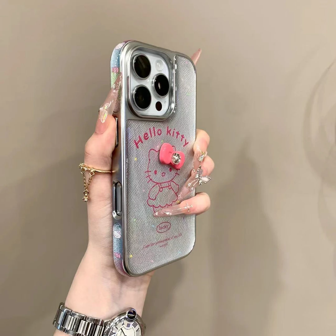 可爱波点kt猫iPhone16ProMax手机13新14P小众电镀银边创意高级感