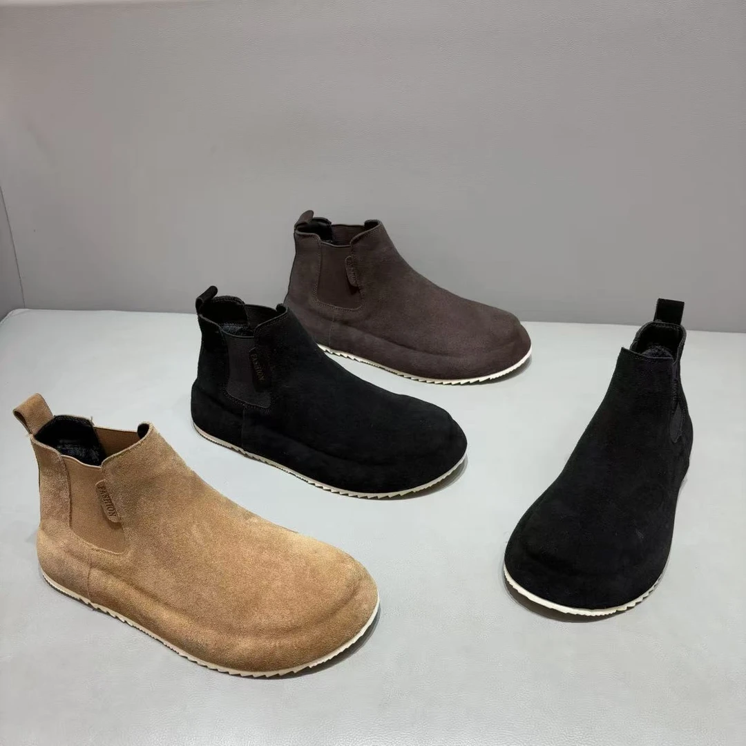 男士翻毛皮切尔西靴冬季加绒保暖舒适软底百搭时尚休闲鞋一脚蹬鞋