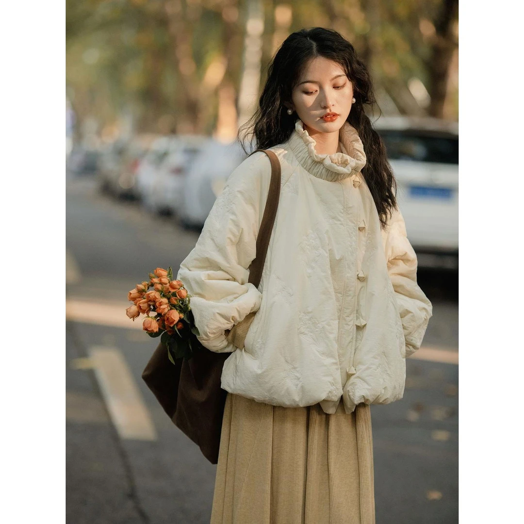 冬季文艺气质棉衣甜美立领刺绣花苞棉服外套女宽松保暖加厚棉袄潮