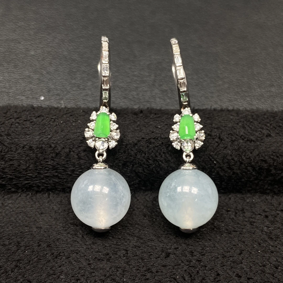 高冰起光起胶珠子耳坠缅甸翡翠A货