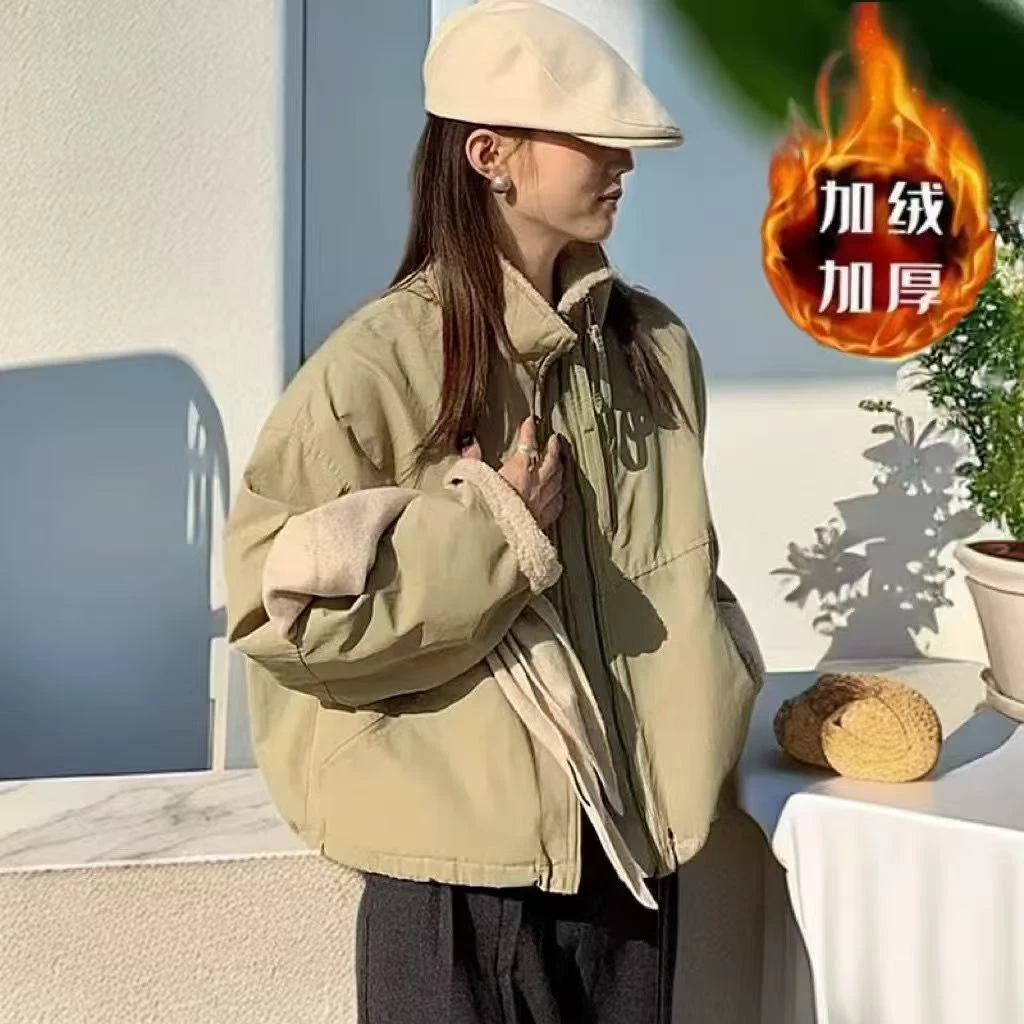 776短款2025仿羊羔毛双拉锁接派克服女小个子韩版休闲宽松棉服外