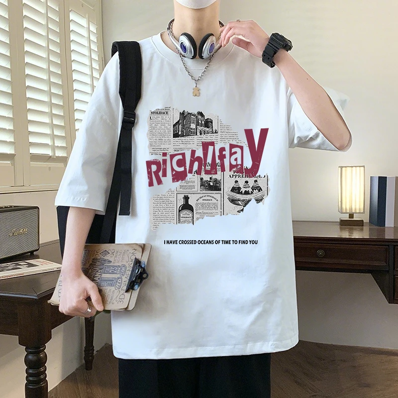 霄桂姿青少年纯棉短袖男学生t恤夏季新款潮流百搭印花宽松五分袖