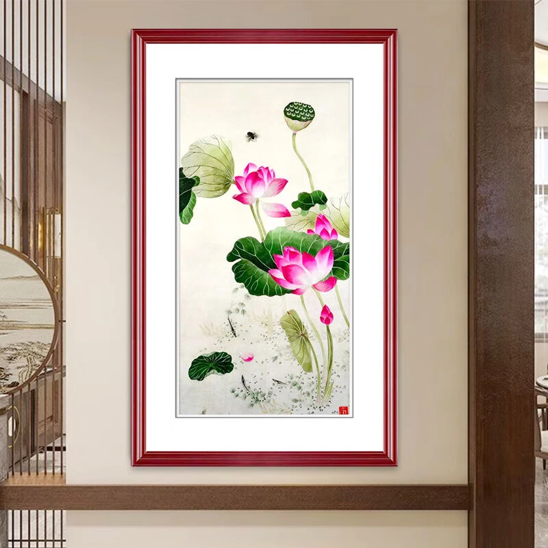 伯莎丹顿高档苏州刺绣画竖版丝挂画玄关纯手工装饰画蒲塘秋艳壁画