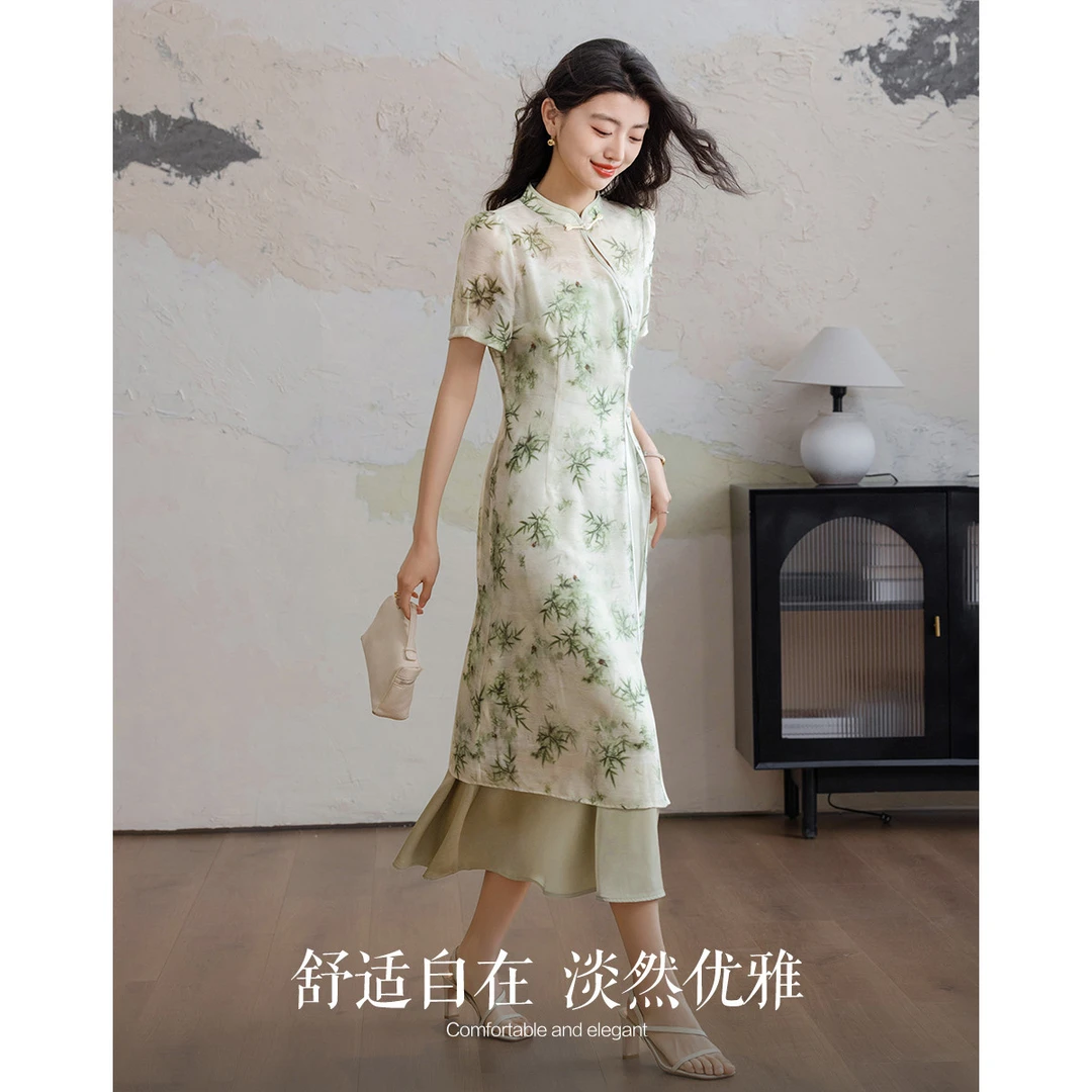 【重百专属】德·玛纳东方花园夏新中式盘扣印花连衣裙吊带裙两件套