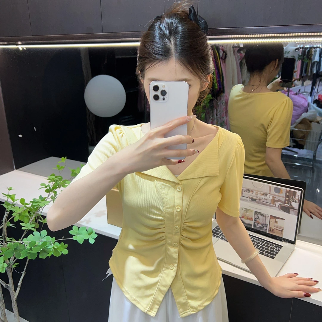 夏季新款休闲甜美t恤女小众设计感显瘦纯欲风翻领上衣8585#0.1