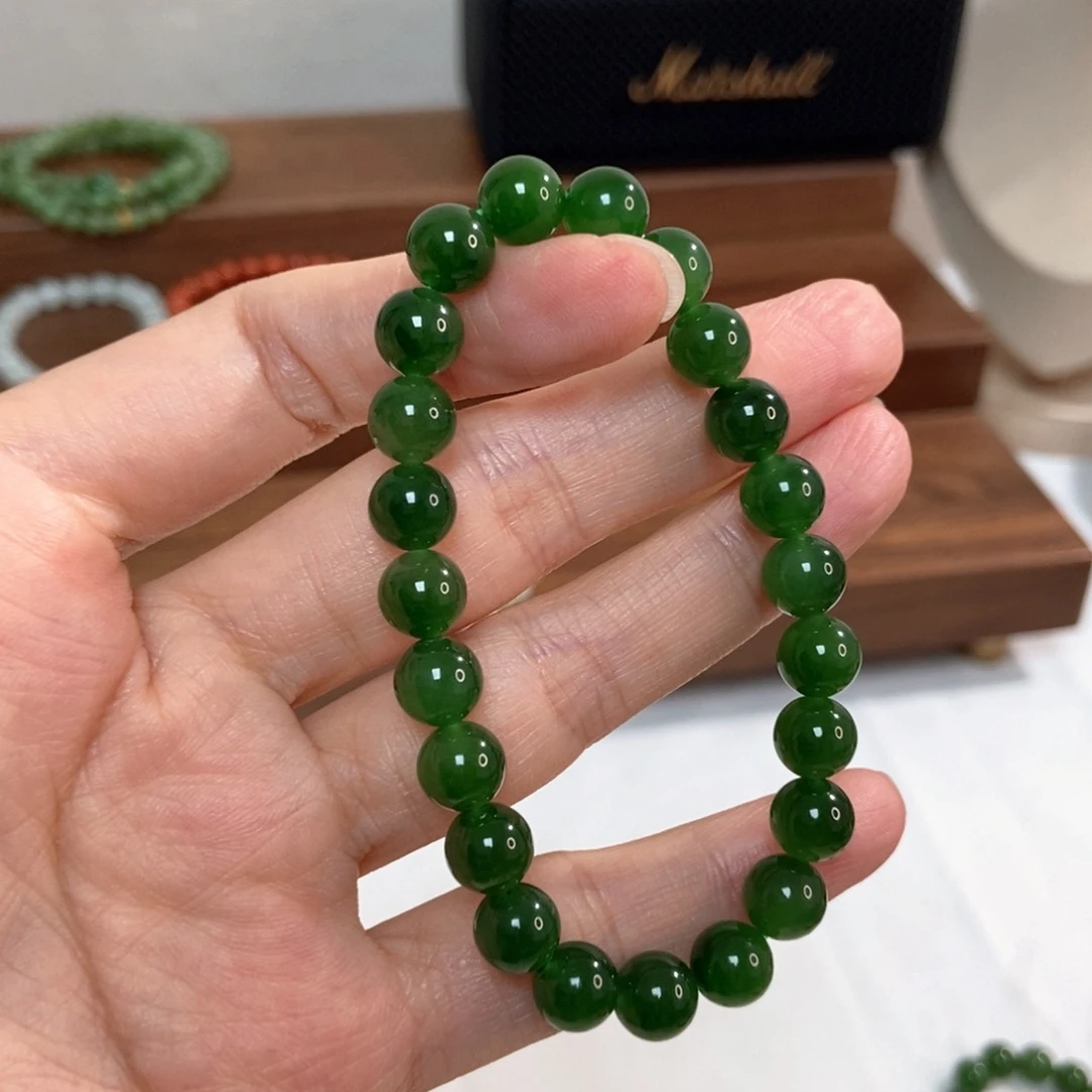 手链未镶嵌和田玉福利8mm碧玉菠菜绿微瑕