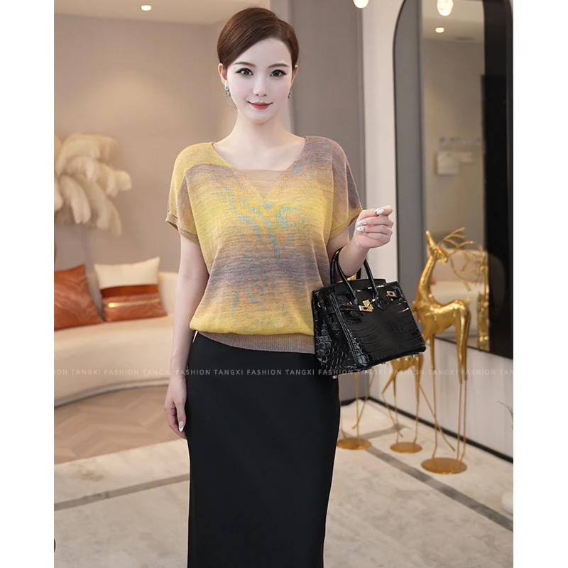 现货2025年夏新款【7522】镂空设计黄色渐变休闲时尚冰丝短袖上衣女