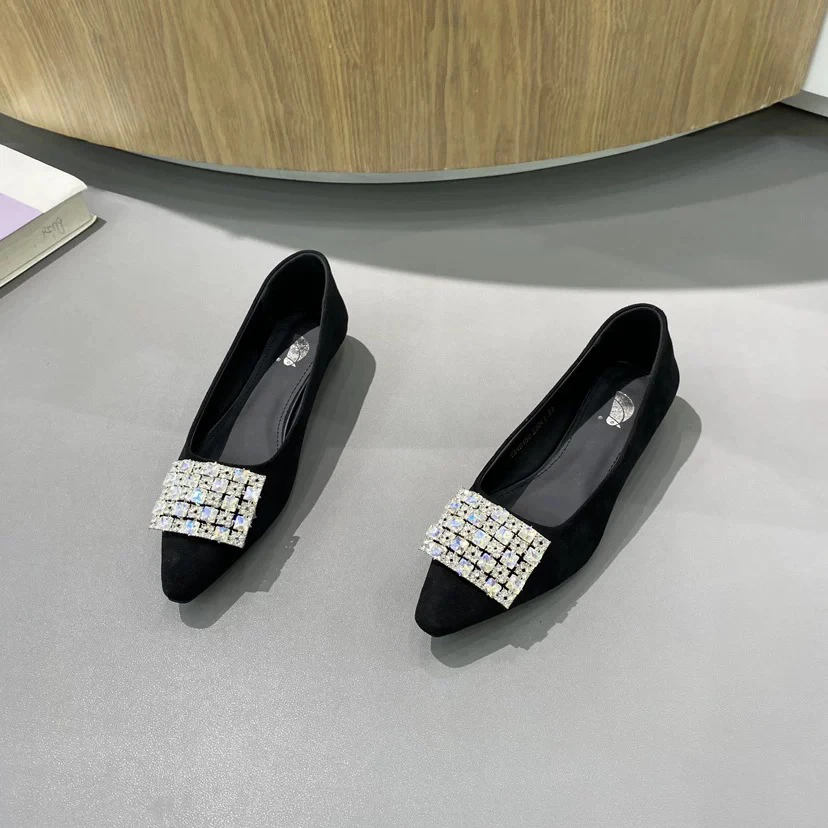 真皮绒面水钻方扣浅口女鞋单鞋