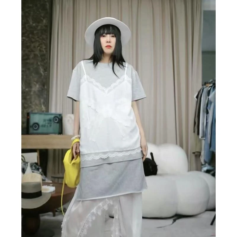 infobyfive2025夏季假两件蝴蝶结中袖拼接蕾丝背心T恤NF0504009