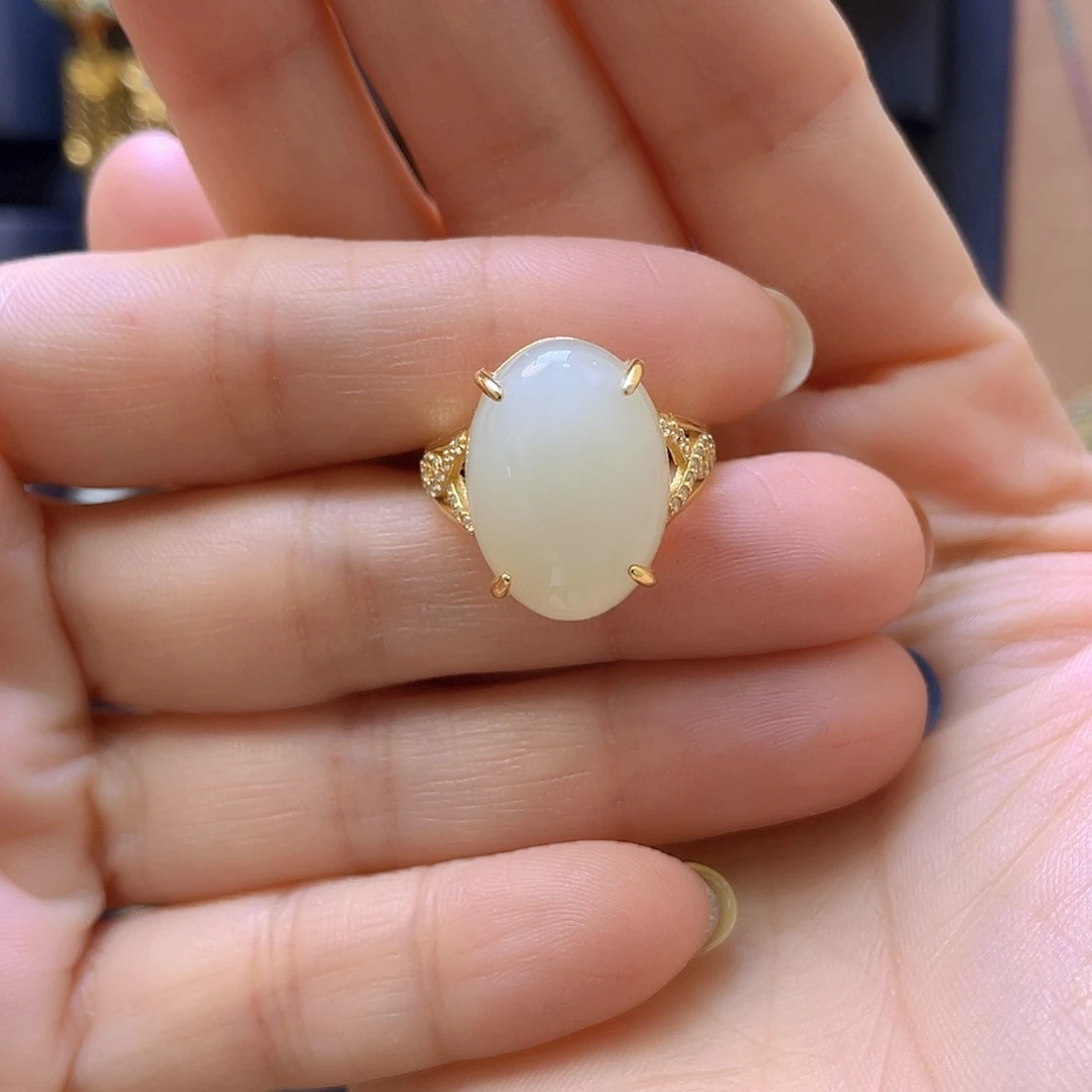 和田玉银S925镀金镶嵌戒指