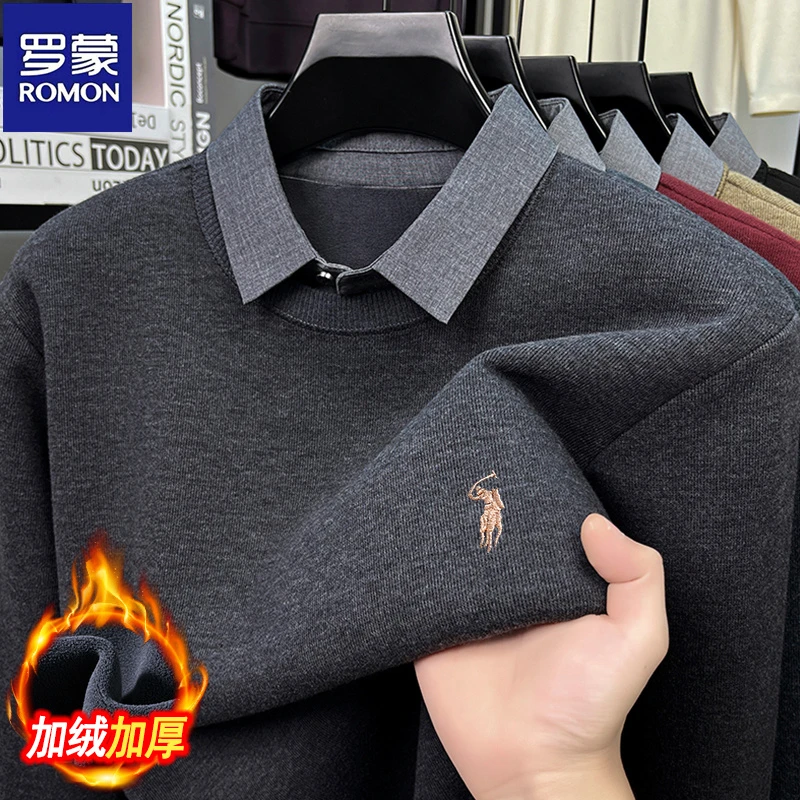 罗蒙秋冬男士轻奢衬衫领加绒加厚毛衣拼接假两件针织衫套头翻领男