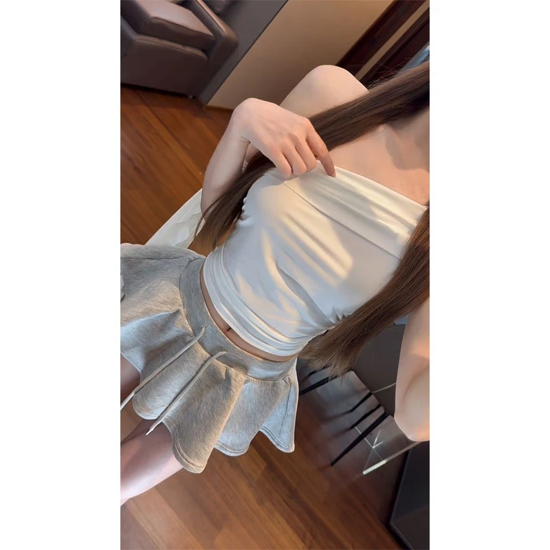 2025年夏季新款ins少女感减龄一字肩修身T恤上衣女配高腰半身伞裙