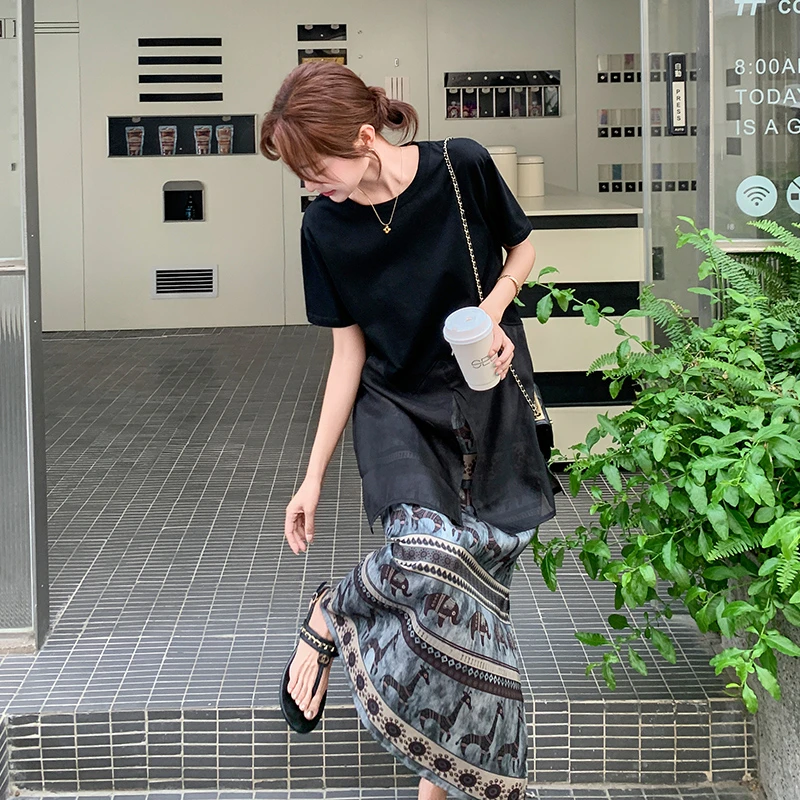 网纱拼接黑色T恤印花半身裙女2025夏季新款轻熟风复古气质两件套