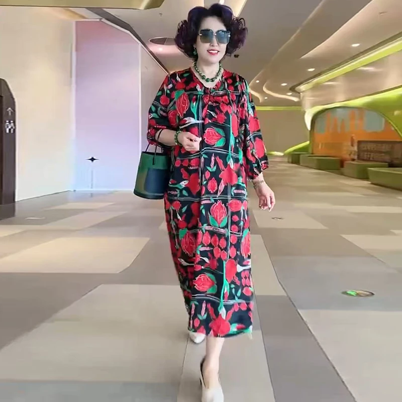 423七分袖v领原创设计春夏新款重磅真丝时尚大牌长裙子百搭连衣裙