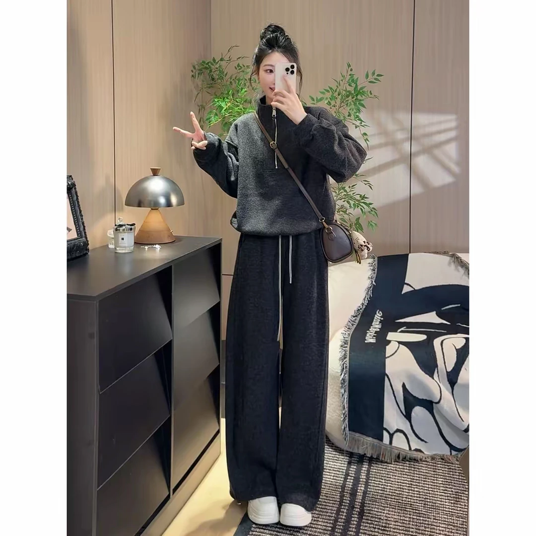 韩版秋冬新款加绒加厚高领拉链休闲外套两件套弯刀裤套装aa