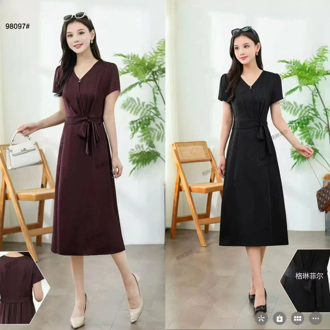 夏季妈妈装时尚洋气酒红色收腰中长款气质连衣裙