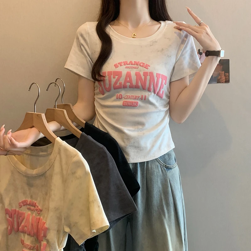 J美式设计扎染正肩短袖辣妹T恤女2025夏新款修身显瘦褶皱短款上衣