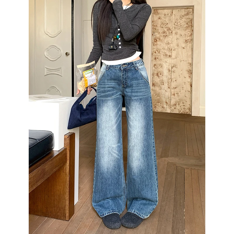 美式低腰阔腿牛仔裤女2025秋季新款复古宽松不贴腿直筒拖地长裤子