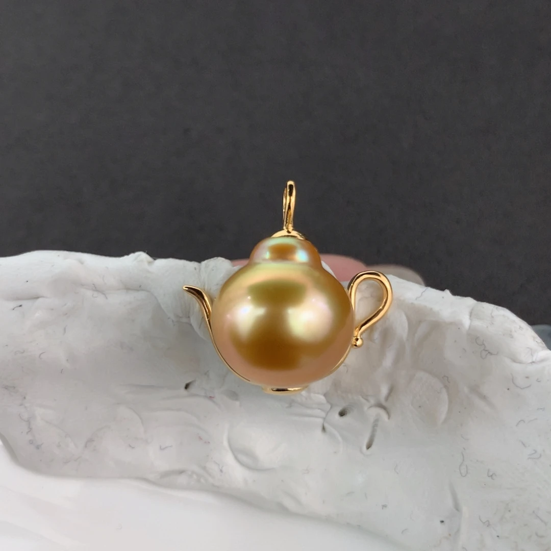 银S925镶嵌吊坠(不含链)定制海水珍珠小茶壶-南洋金珠浓金12-13mm